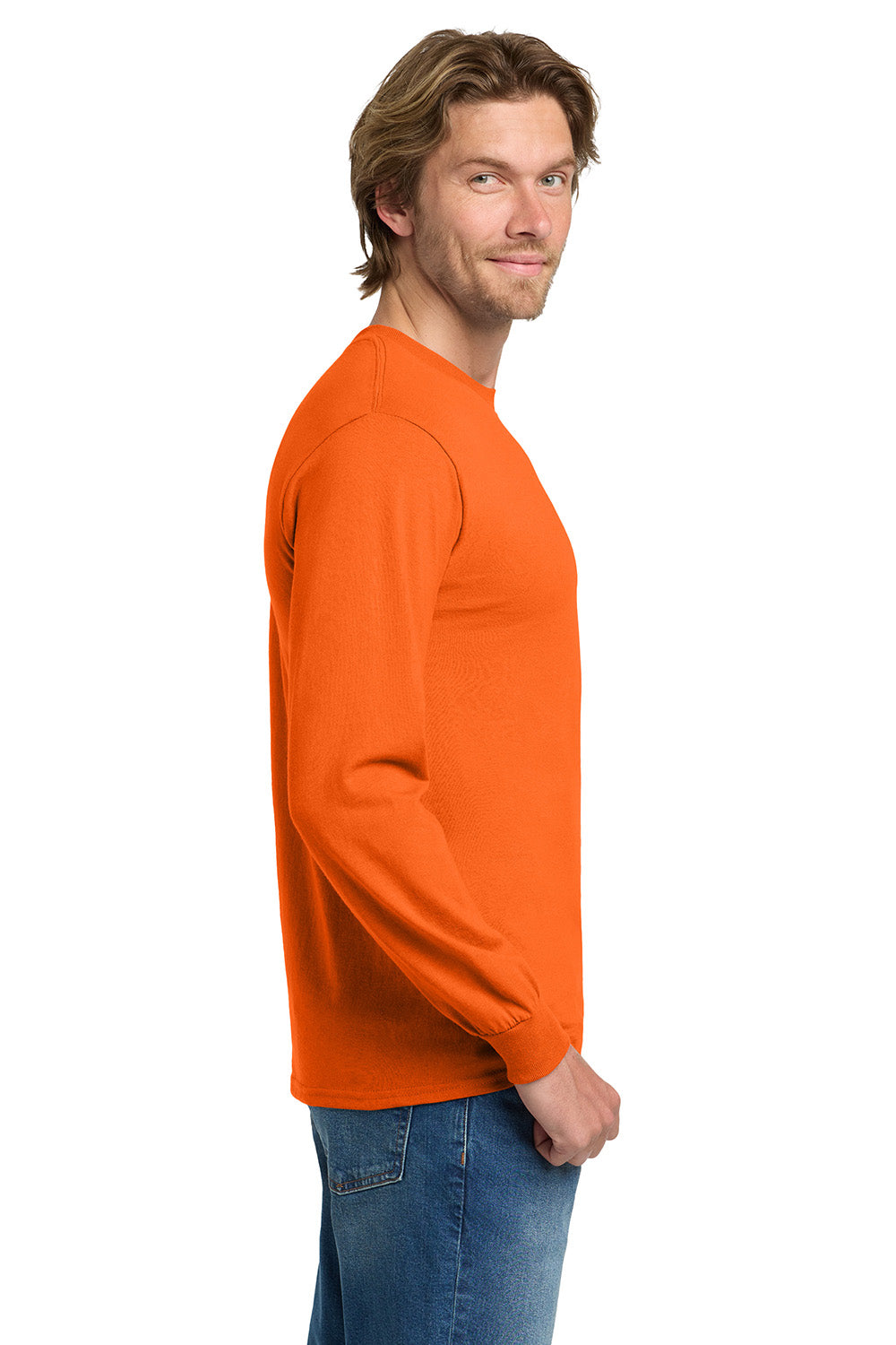 Gildan 5400/G540 Mens Long Sleeve Crewneck T-Shirt Safety Orange Model Side