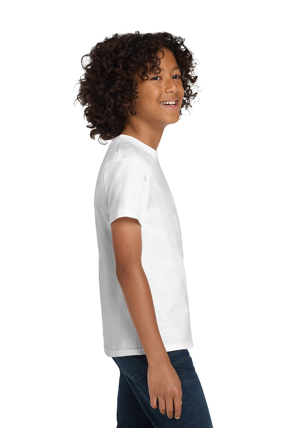 Hanes 5450/54500 Youth ComfortSoft Short Sleeve Crewneck T-Shirt White Model Side