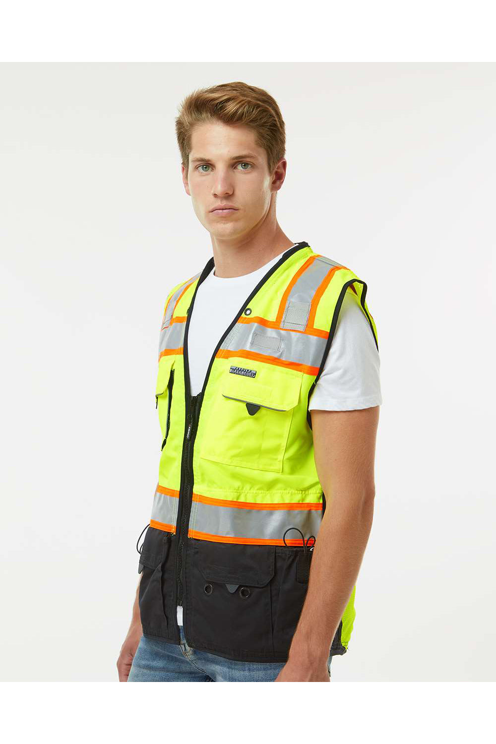 Kishigo S5002-5003 Mens Premium Black Series Surveyors Vest Lime Green Model Side