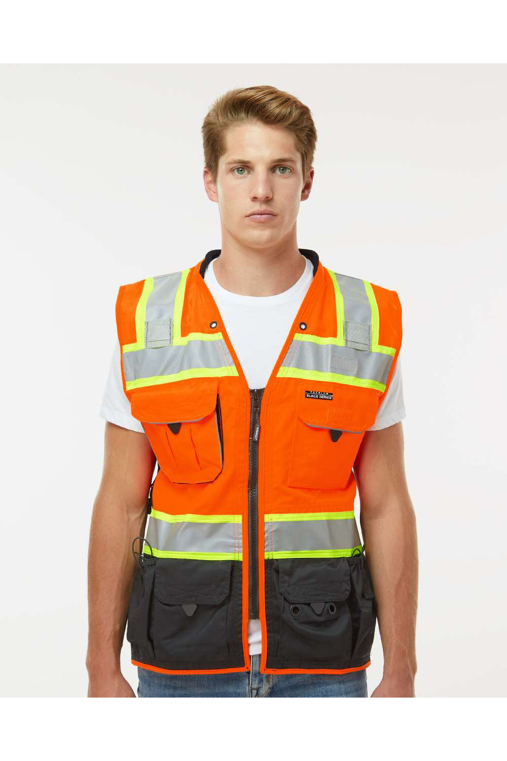 Kishigo S5002-5003 Mens Premium Black Series Surveyors Vest Orange Model Front