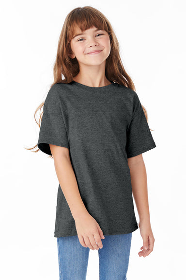 Hanes 5480 Youth ComfortSoft Short Sleeve Crewneck T-Shirt Heather Charcoal Grey Model Front