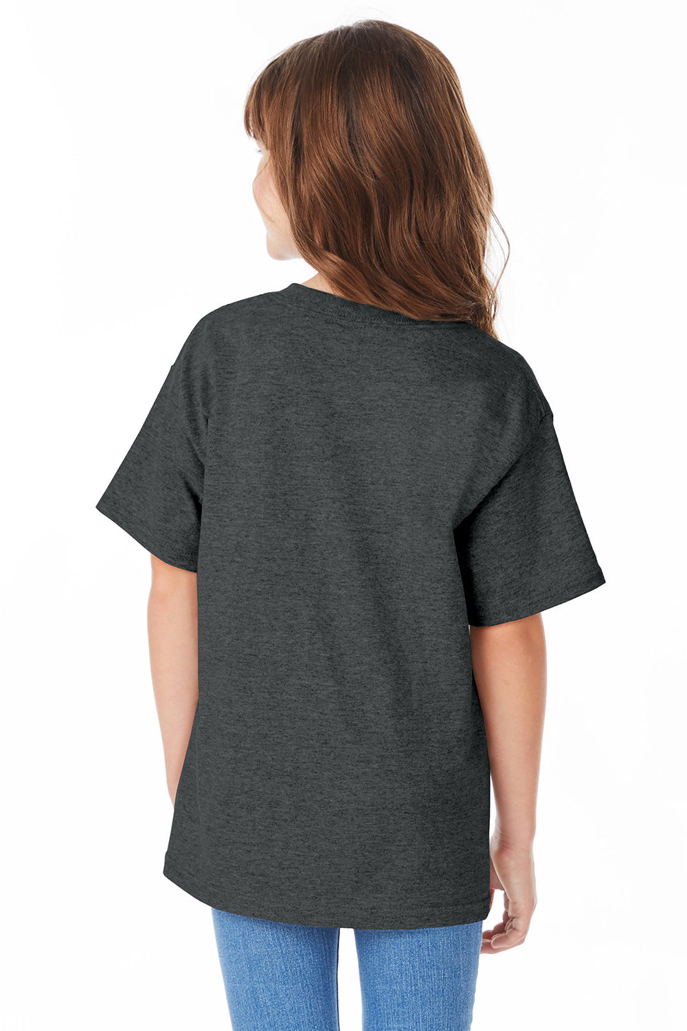 Hanes 5480 Youth ComfortSoft Short Sleeve Crewneck T-Shirt Heather Charcoal Grey Model Back