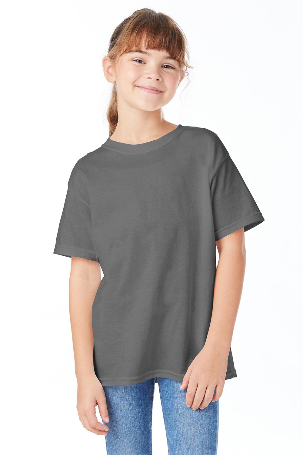 Hanes 5480 Youth ComfortSoft Short Sleeve Crewneck T-Shirt Smoke Grey Model Front