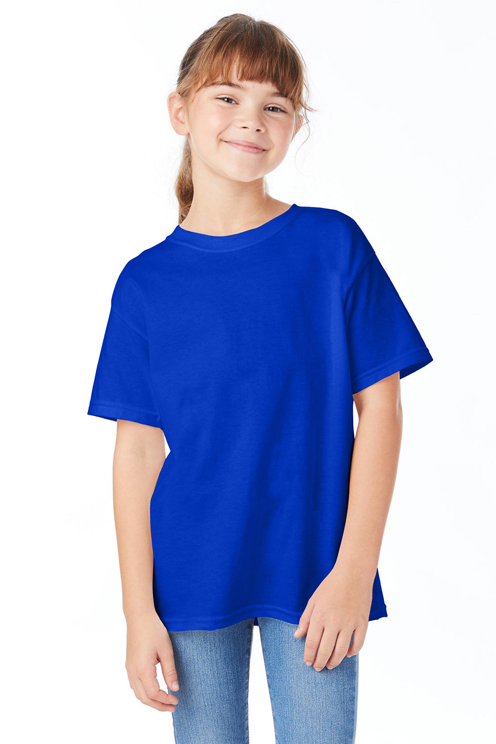 Hanes 5480 Youth ComfortSoft Short Sleeve Crewneck T-Shirt Athletic Royal Blue Model Front