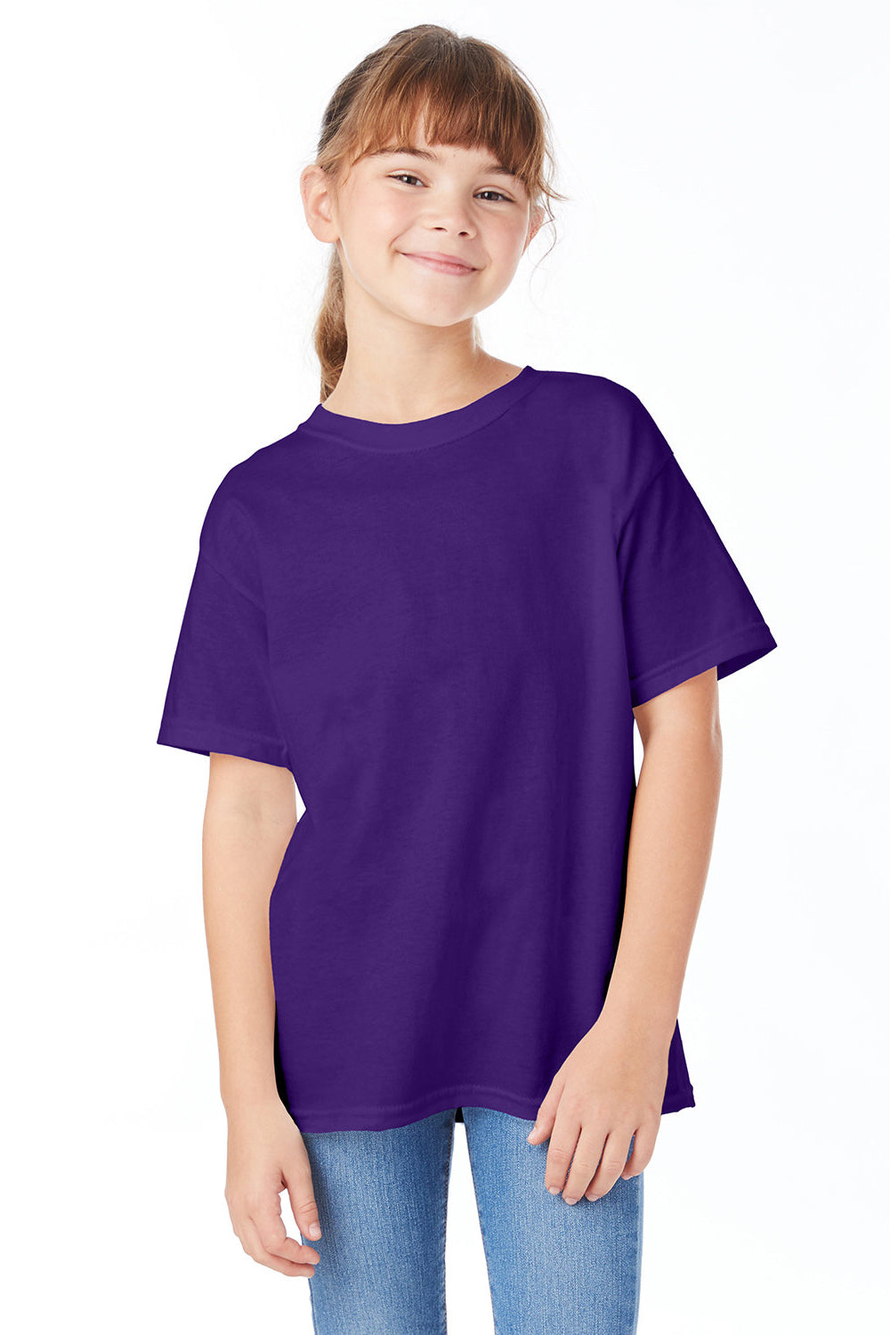 Hanes 5480 Youth ComfortSoft Short Sleeve Crewneck T-Shirt Athletic Purple Model Front