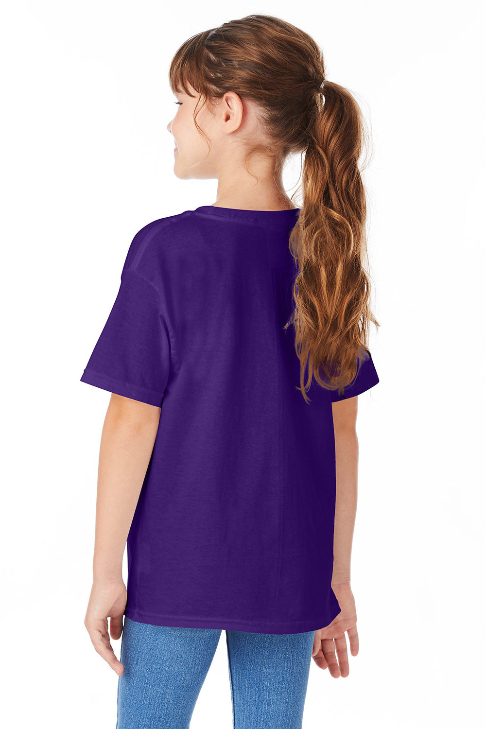 Hanes 5480 Youth ComfortSoft Short Sleeve Crewneck T-Shirt Athletic Purple Model Back