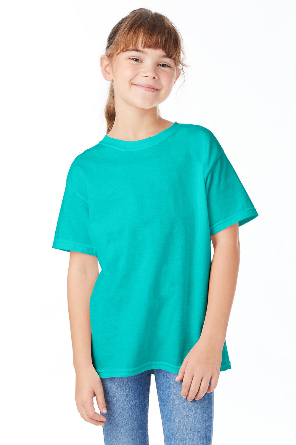 Hanes 5480 Youth ComfortSoft Short Sleeve Crewneck T-Shirt Athletic Teal Green Model Front