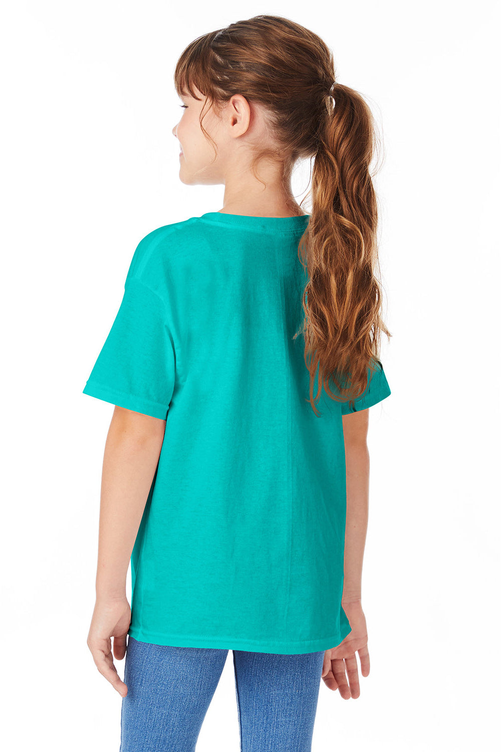 Hanes 5480 Youth ComfortSoft Short Sleeve Crewneck T-Shirt Athletic Teal Green Model Back