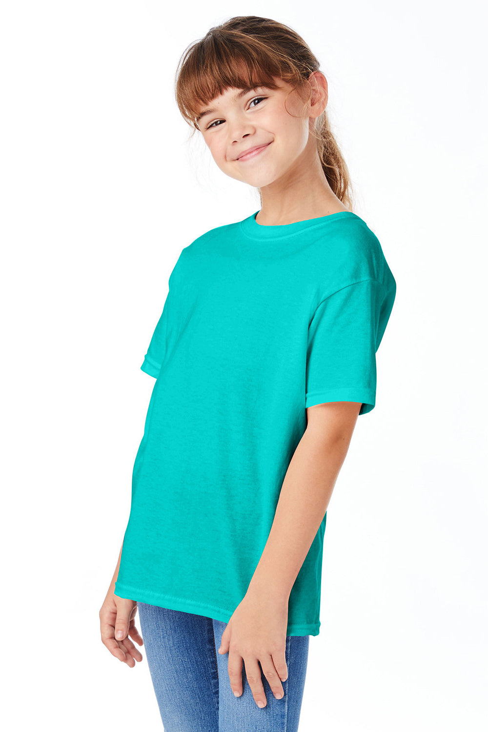 Hanes 5480 Youth ComfortSoft Short Sleeve Crewneck T-Shirt Athletic Teal Green Model 3Q