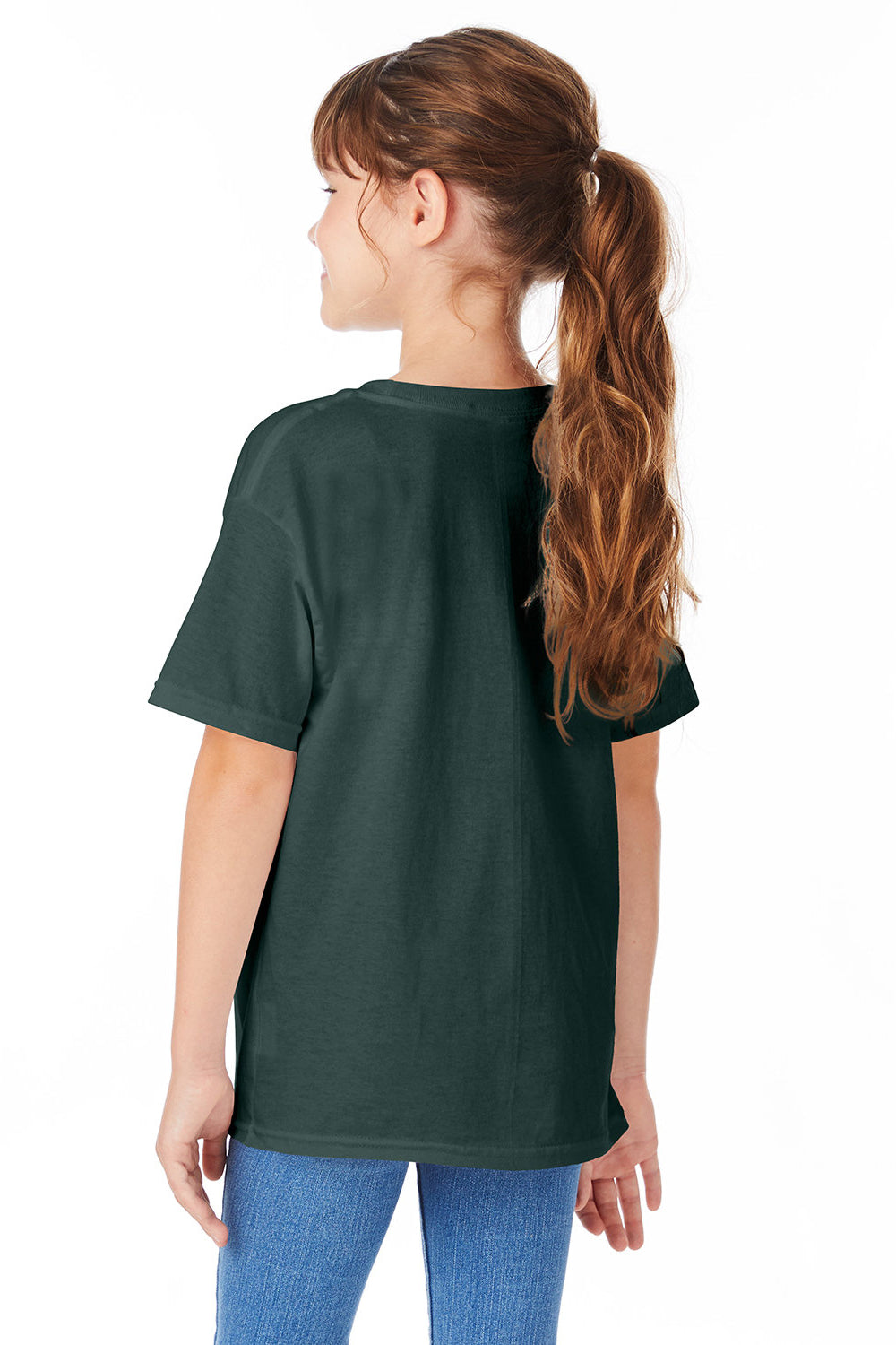 Hanes 5480 Youth ComfortSoft Short Sleeve Crewneck T-Shirt Athletic Dark Green Model Back