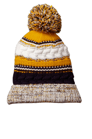 Sport-Tek STC21 Pom Pom Team Beanie True Navy Blue/Gold/White Flat Front