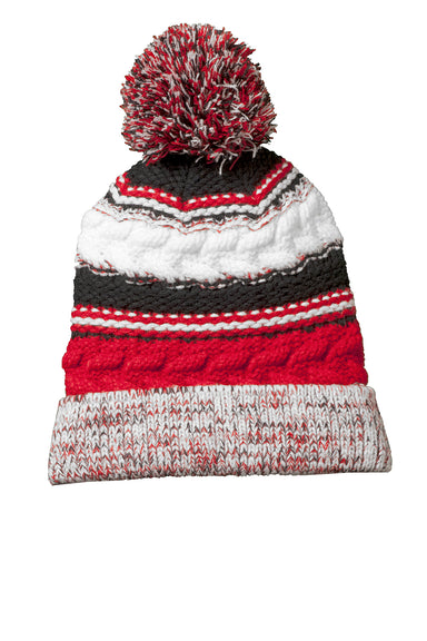 Sport-Tek STC21 Pom Pom Team Beanie True Red/Black/White Flat Front