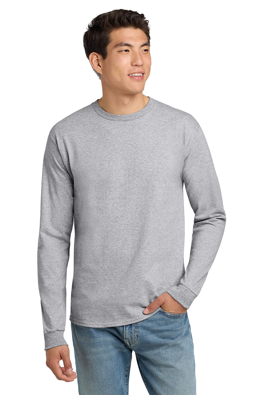 Hanes 5586 Mens ComfortSoft Long Sleeve Crewneck T-Shirt Light Steel Grey Model Front