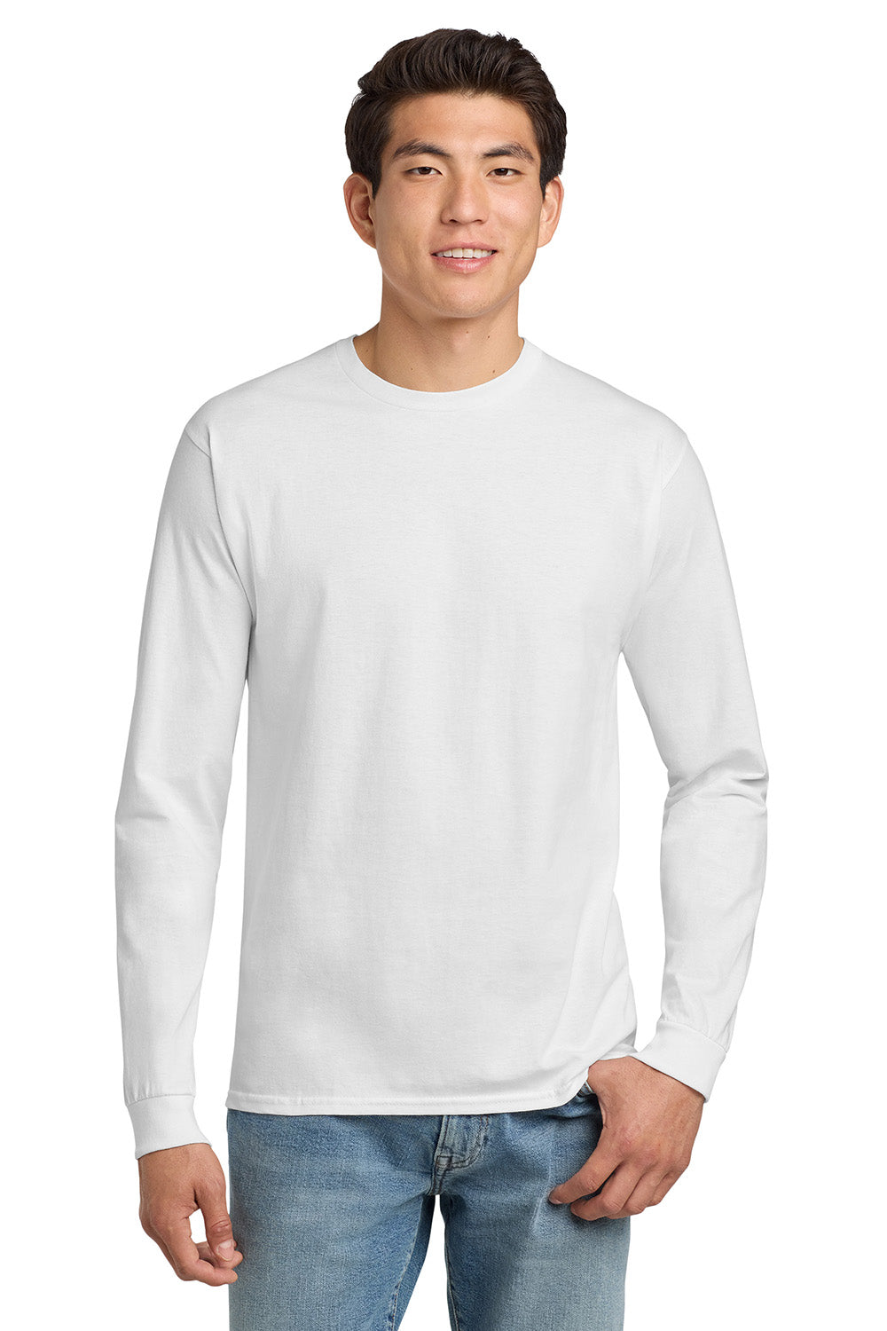 Hanes 5586 Mens ComfortSoft Long Sleeve Crewneck T-Shirt White Model Front