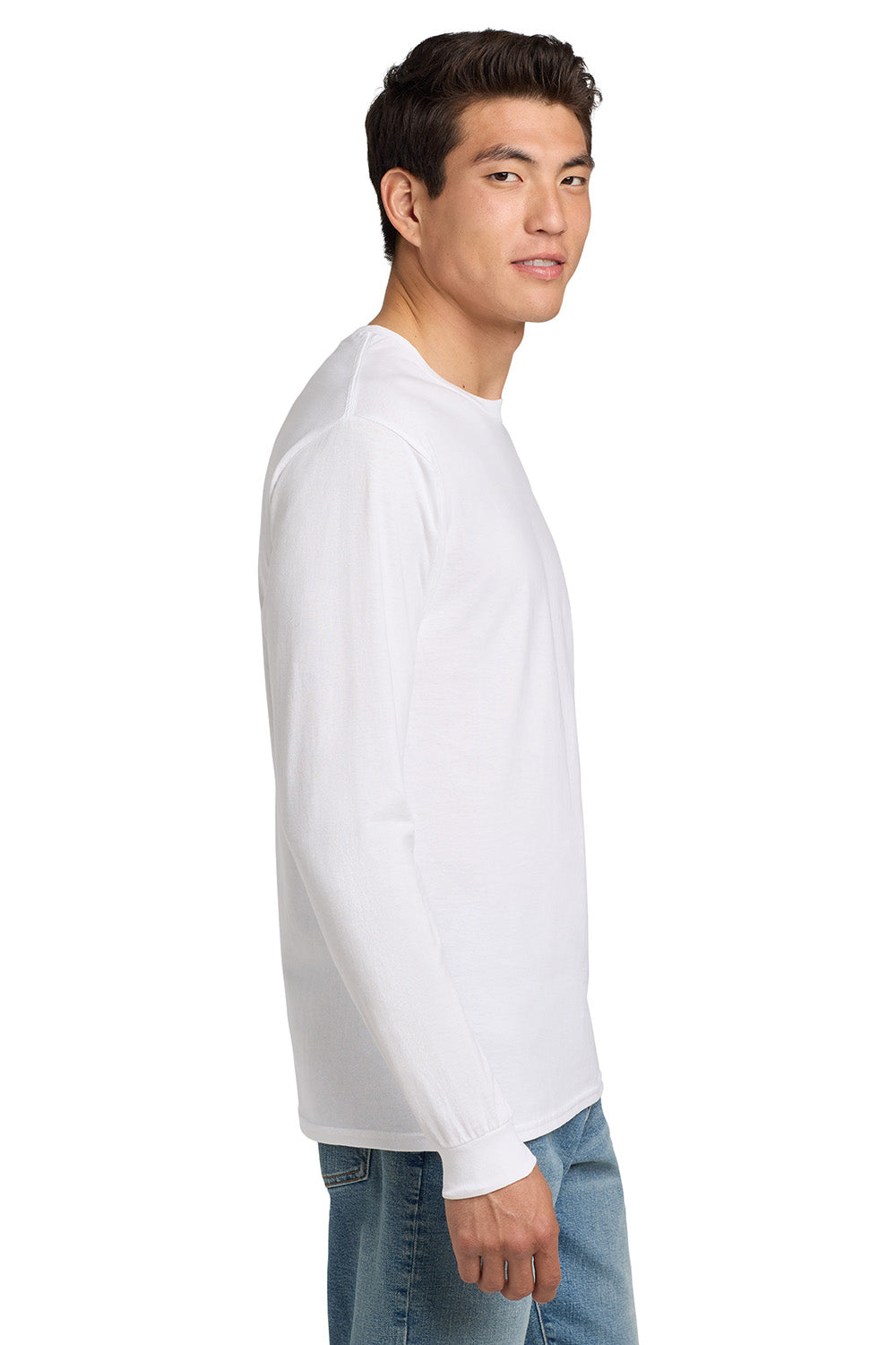 Hanes 5586 Mens ComfortSoft Long Sleeve Crewneck T-Shirt White Model Side