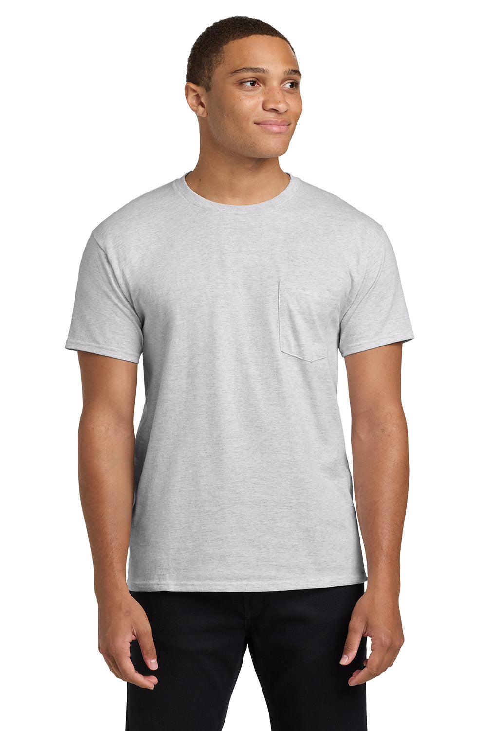 Hanes 5590/H5590 Mens ComfortSoft Short Sleeve Crewneck T-Shirt w/ Pocket Ash Grey Model Front