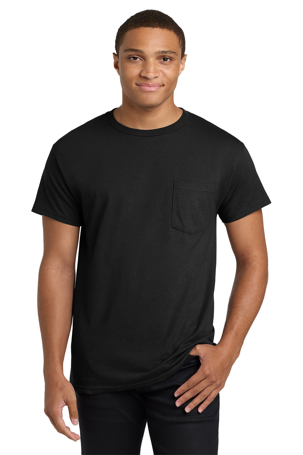 Hanes 5590/H5590 Mens ComfortSoft Short Sleeve Crewneck T-Shirt w/ Pocket Black Model Front