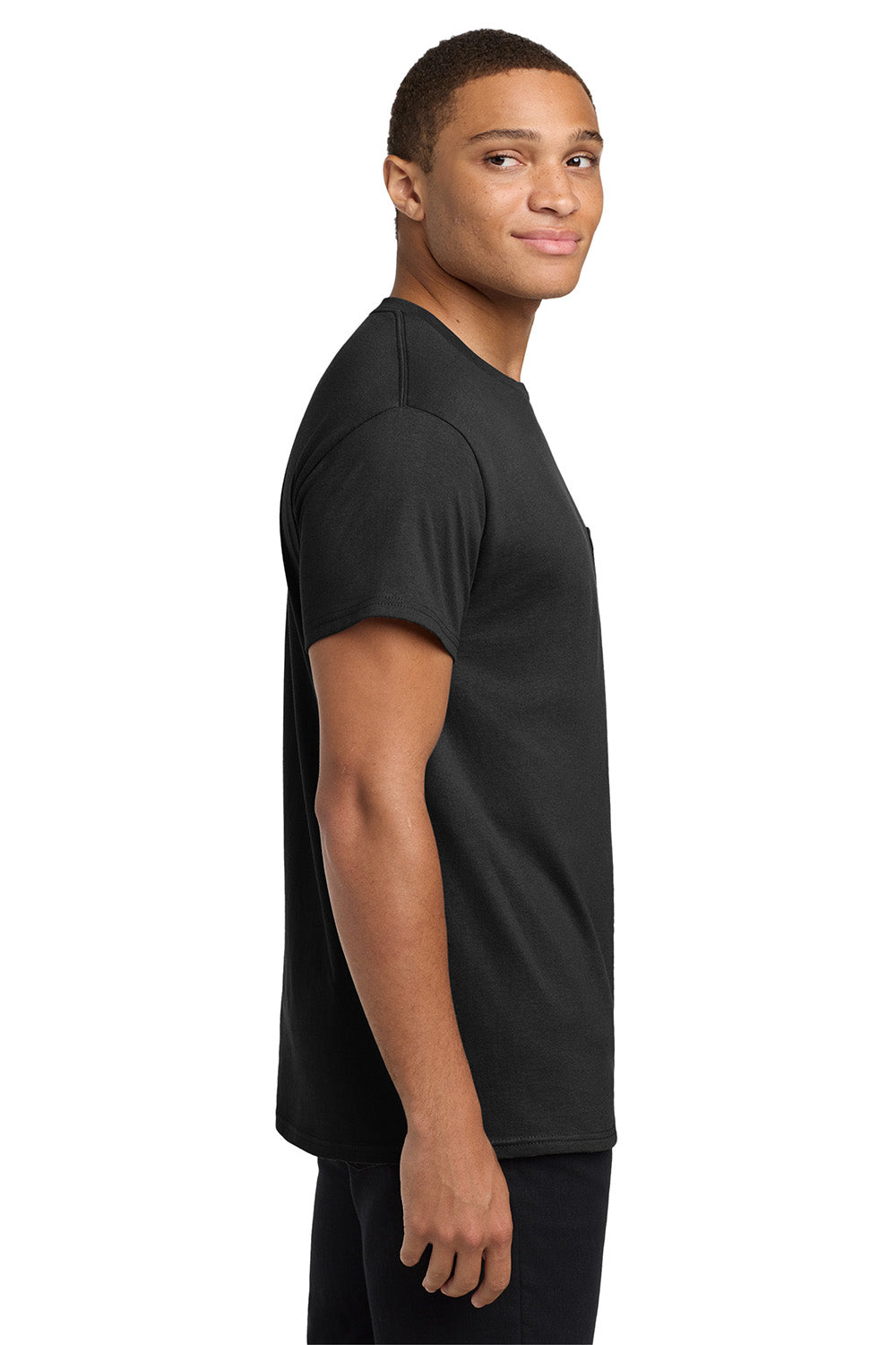 Hanes 5590/H5590 Mens ComfortSoft Short Sleeve Crewneck T-Shirt w/ Pocket Black Model Side