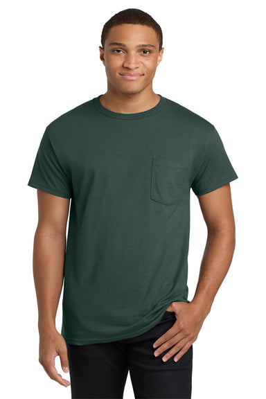 Hanes 5590/H5590 Mens ComfortSoft Short Sleeve Crewneck T-Shirt w/ Pocket Deep Forest Green Model Front