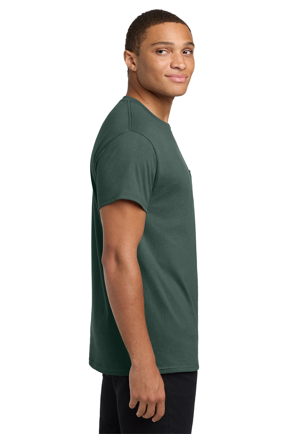 Hanes 5590/H5590 Mens ComfortSoft Short Sleeve Crewneck T-Shirt w/ Pocket Deep Forest Green Model Side