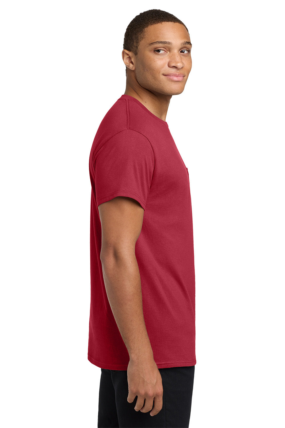 Hanes 5590/H5590 Mens ComfortSoft Short Sleeve Crewneck T-Shirt w/ Pocket Deep Red Model Side