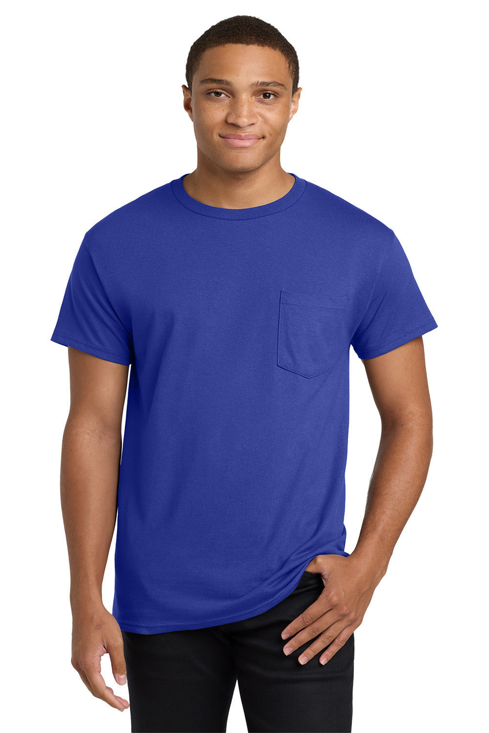 Hanes 5590/H5590 Mens ComfortSoft Short Sleeve Crewneck T-Shirt w/ Pocket Deep Royal Blue Model Front