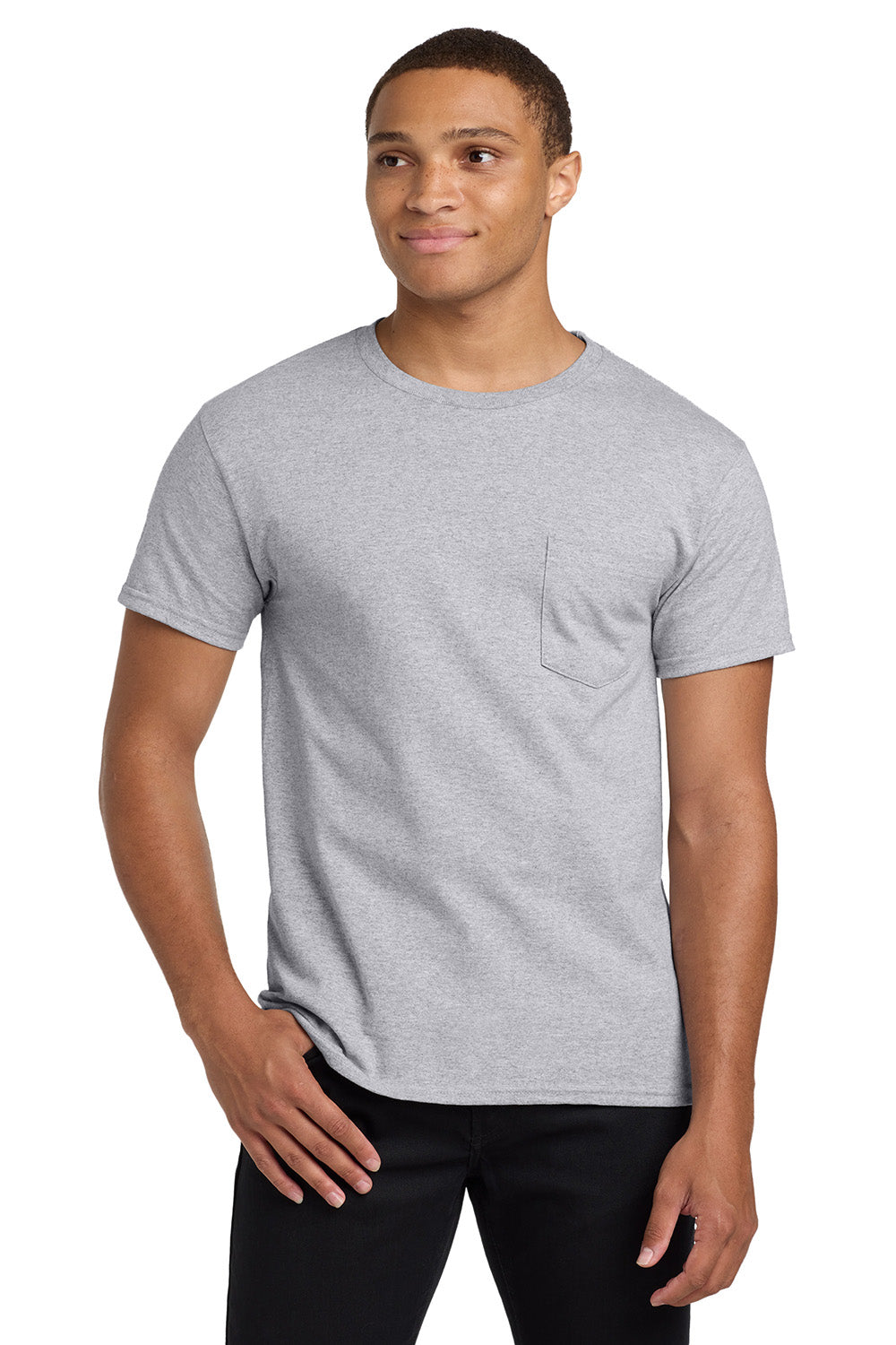 Hanes 5590/H5590 Mens ComfortSoft Short Sleeve Crewneck T-Shirt w/ Pocket Light Steel Grey Model Front