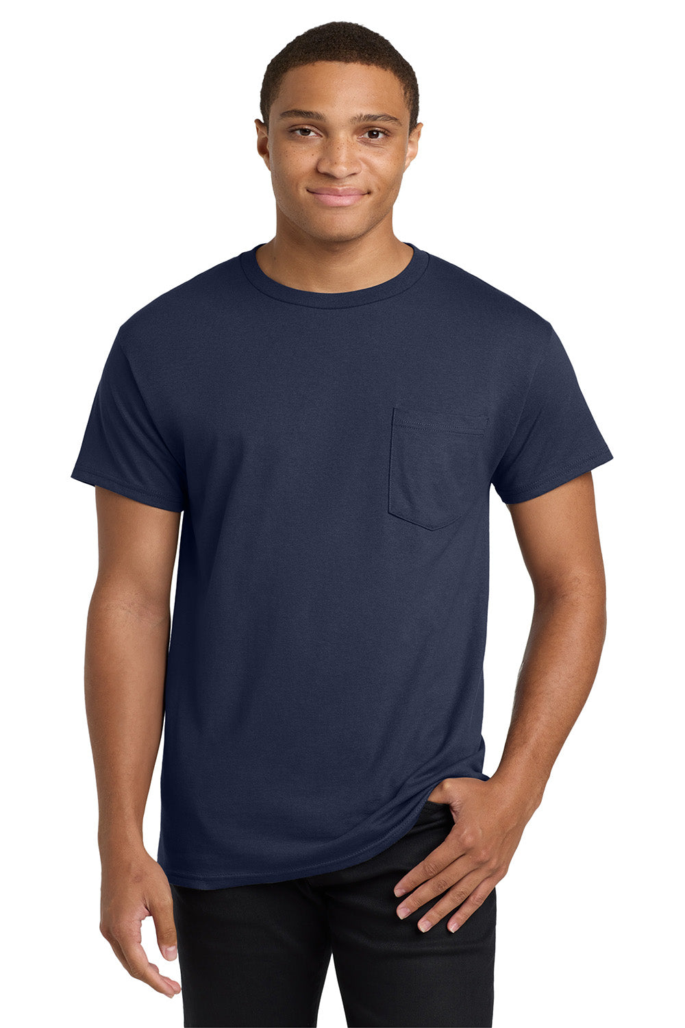 Hanes 5590/H5590 Mens ComfortSoft Short Sleeve Crewneck T-Shirt w/ Pocket Navy Blue Model Front