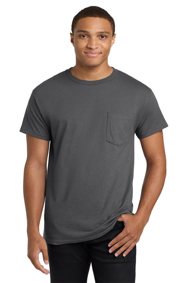 Hanes 5590/H5590 Mens ComfortSoft Short Sleeve Crewneck T-Shirt w/ Pocket Smoke Grey Model Front