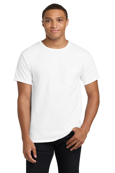 Hanes 5590/H5590 Mens ComfortSoft Short Sleeve Crewneck T-Shirt w/ Pocket White Model Front