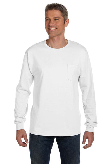 Hanes 5596 Mens ComfortSoft Long Sleeve Crewneck T-Shirt w/ Pocket White Model Front