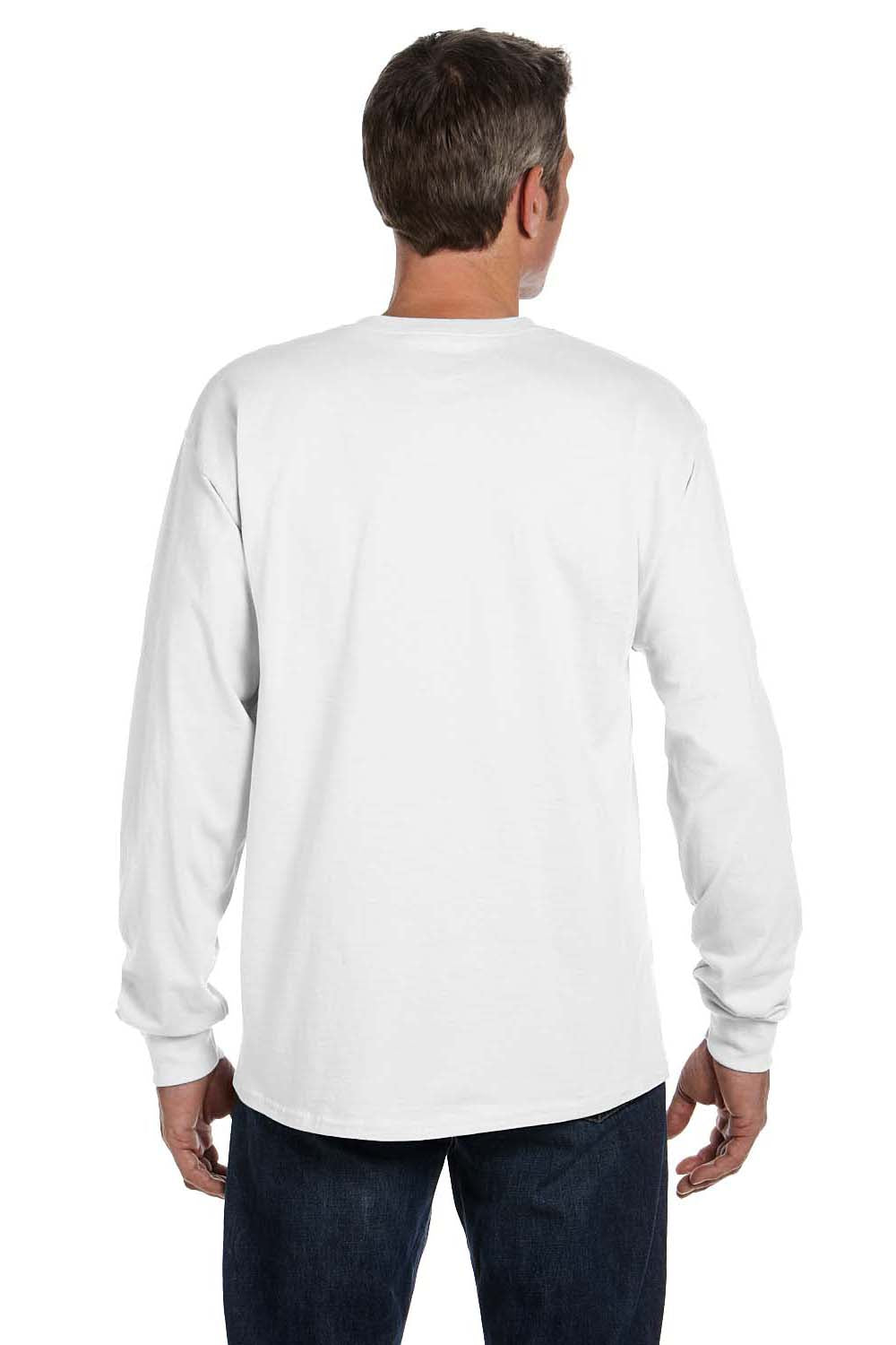 Hanes 5596 Mens ComfortSoft Long Sleeve Crewneck T-Shirt w/ Pocket White Model Back