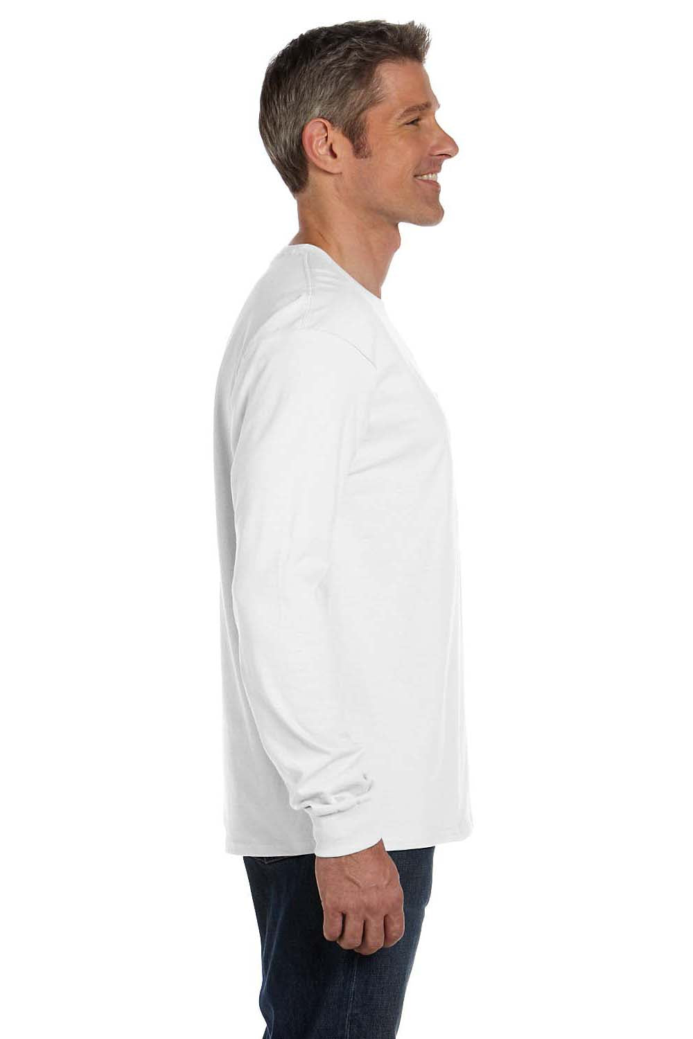 Hanes 5596 Mens ComfortSoft Long Sleeve Crewneck T-Shirt w/ Pocket White Model Side