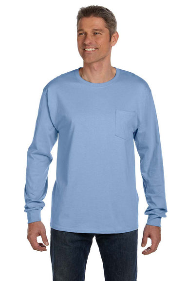 Hanes 5596 Mens ComfortSoft Long Sleeve Crewneck T-Shirt w/ Pocket Light Blue Model Front