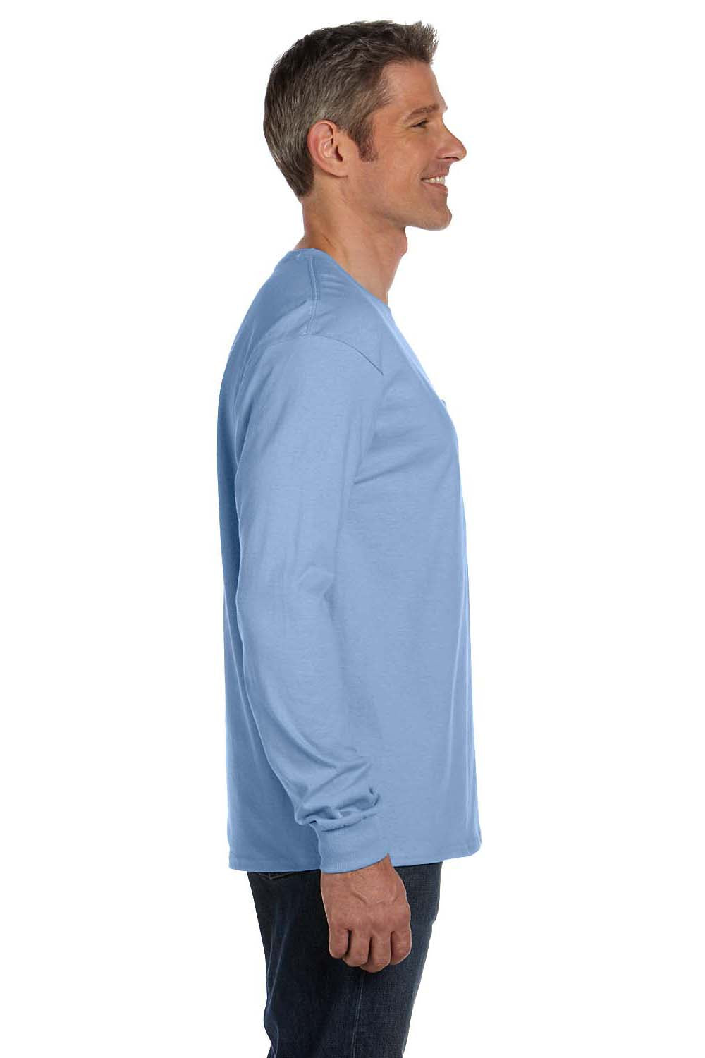 Hanes 5596 Mens ComfortSoft Long Sleeve Crewneck T-Shirt w/ Pocket Light Blue Model Side