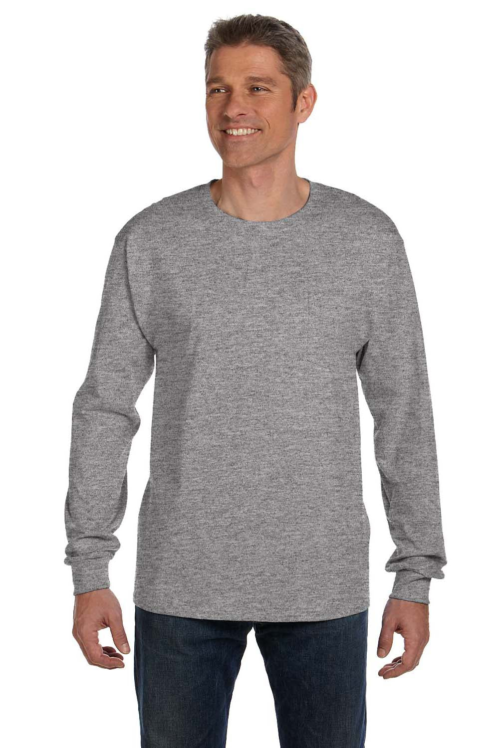 Hanes 5596 Mens ComfortSoft Long Sleeve Crewneck T-Shirt w/ Pocket Light Steel Grey Model Front