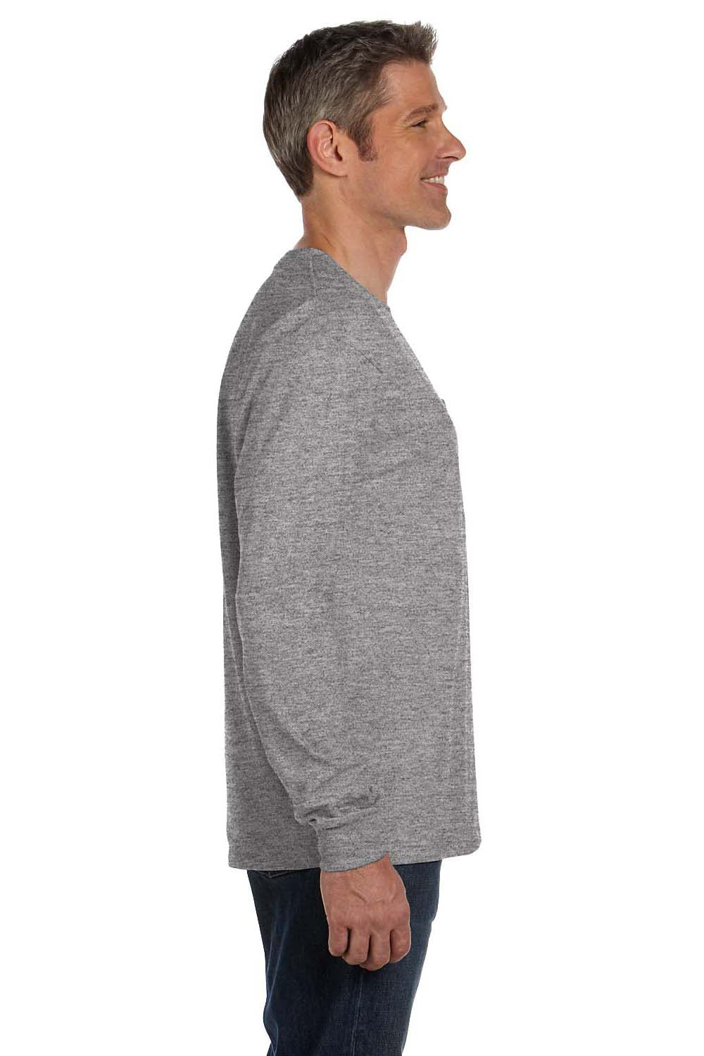 Hanes 5596 Mens ComfortSoft Long Sleeve Crewneck T-Shirt w/ Pocket Light Steel Grey Model Side