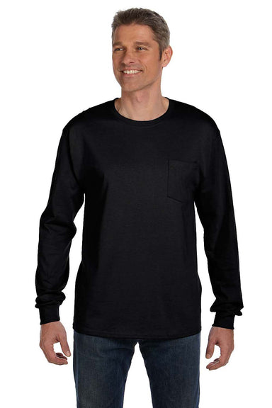 Hanes 5596 Mens ComfortSoft Long Sleeve Crewneck T-Shirt w/ Pocket Black Model Front