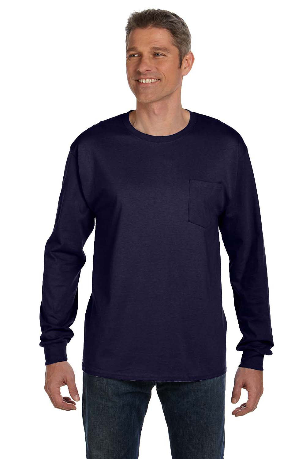 Hanes 5596 Mens ComfortSoft Long Sleeve Crewneck T-Shirt w/ Pocket Navy Blue Model Front