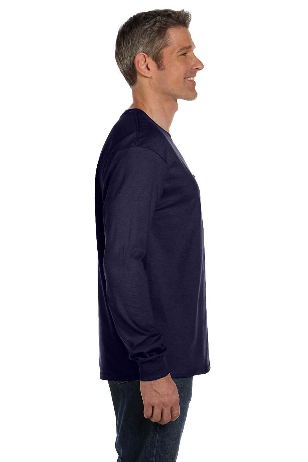 Hanes 5596 Mens ComfortSoft Long Sleeve Crewneck T-Shirt w/ Pocket Navy Blue Model Side