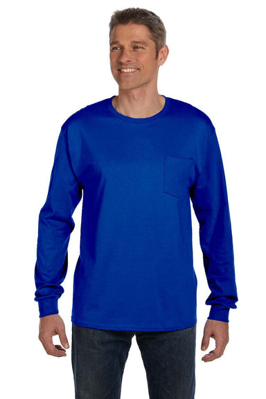 Hanes 5596 Mens ComfortSoft Long Sleeve Crewneck T-Shirt w/ Pocket Deep Royal Blue Model Front