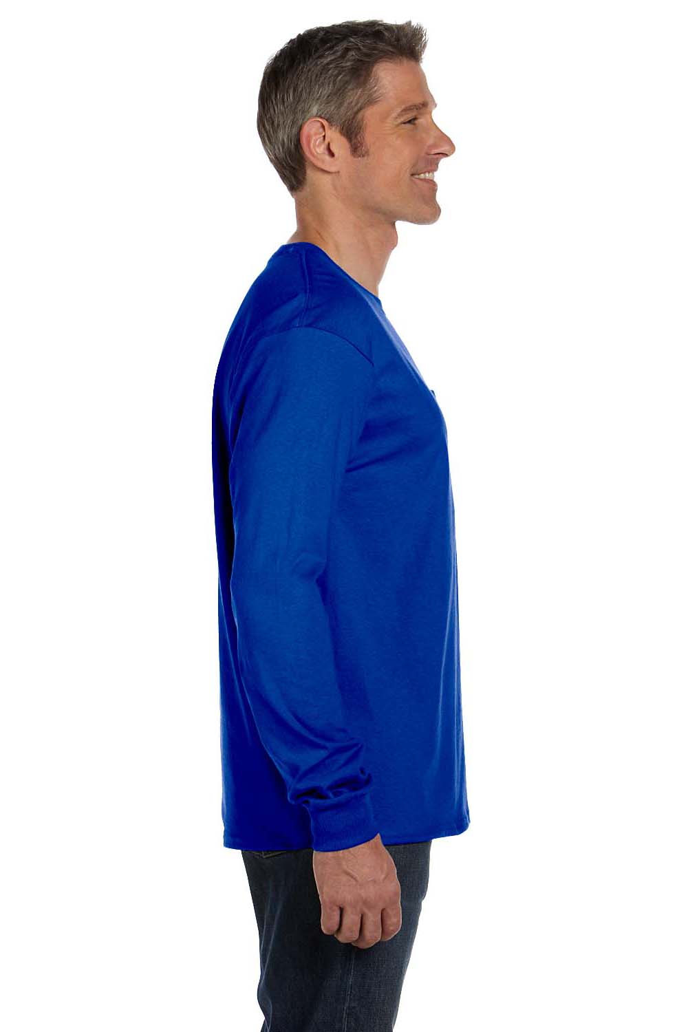 Hanes 5596 Mens ComfortSoft Long Sleeve Crewneck T-Shirt w/ Pocket Deep Royal Blue Model Side