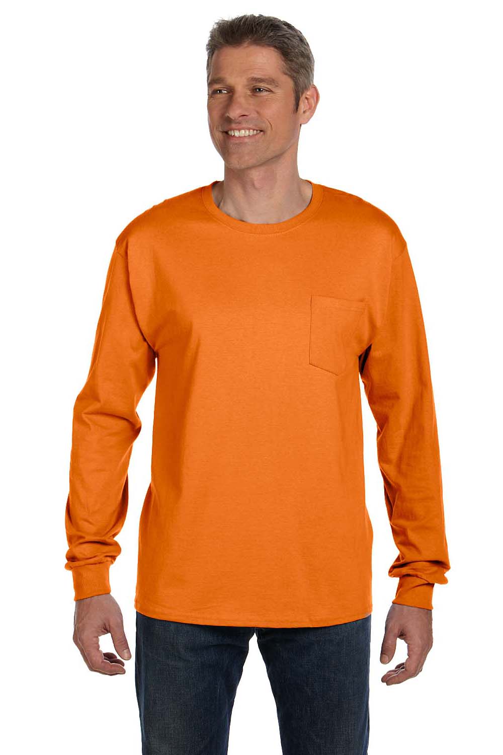 Hanes 5596 Mens ComfortSoft Long Sleeve Crewneck T-Shirt w/ Pocket Orange Model Front