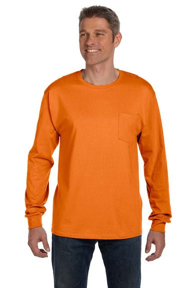 Hanes 5596 Mens ComfortSoft Long Sleeve Crewneck T-Shirt w/ Pocket Orange Model Front