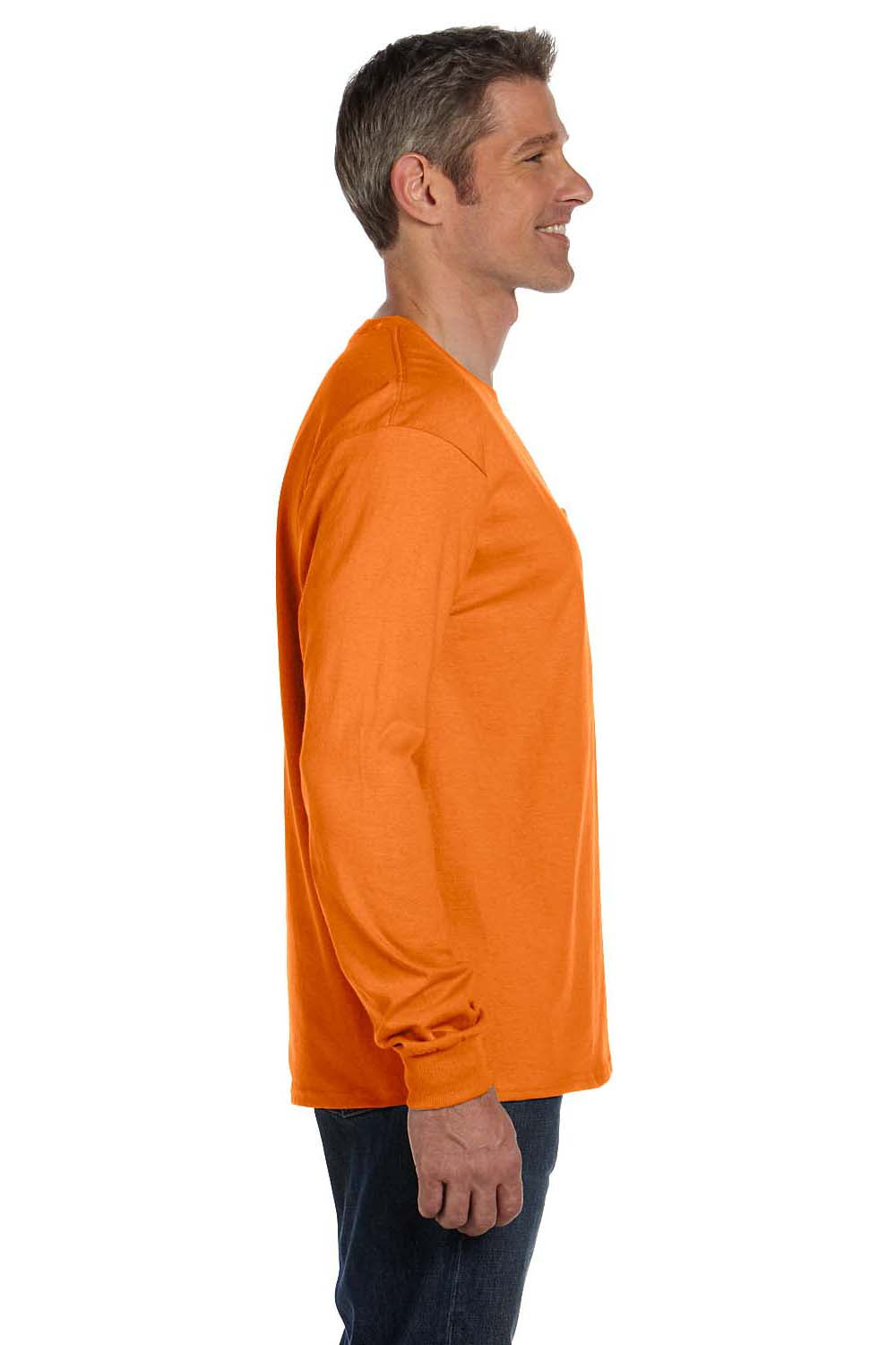 Hanes 5596 Mens ComfortSoft Long Sleeve Crewneck T-Shirt w/ Pocket Orange Model Side