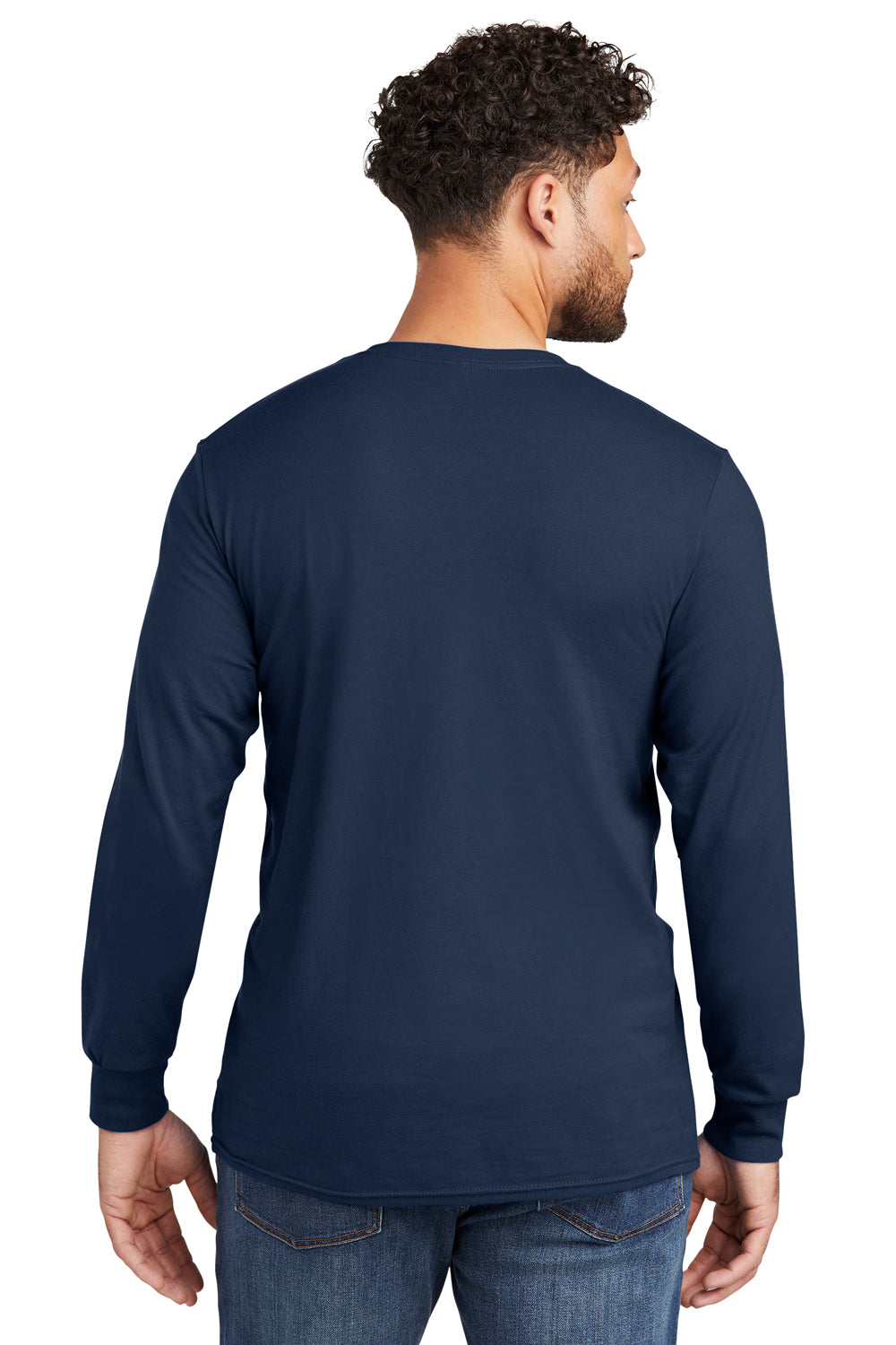 Jerzees 560LS Mens Premium Blend Moisture Wicking Long Sleeve Crewneck T-Shirt Navy Blue Model Back