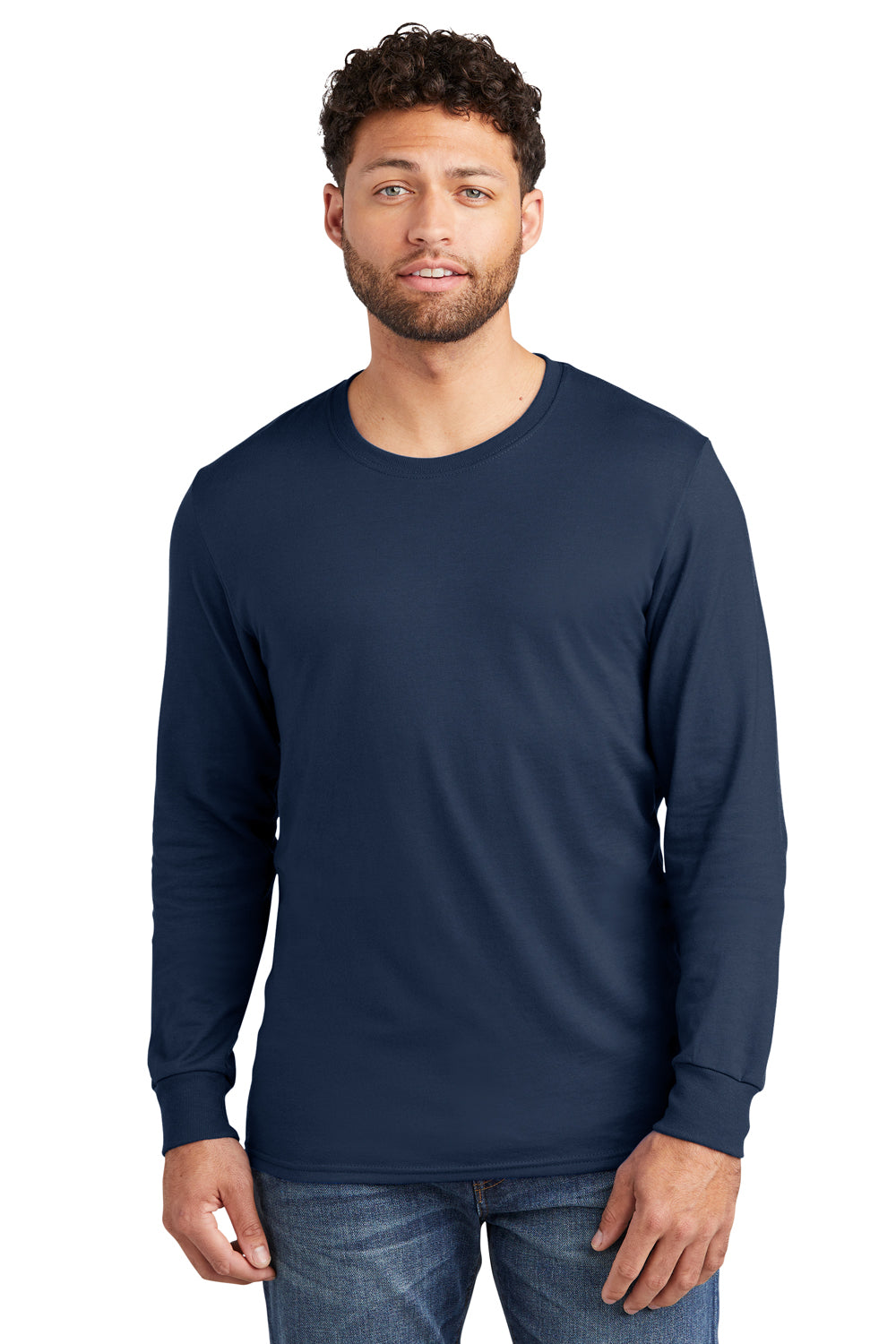 Jerzees 560LS Mens Premium Blend Moisture Wicking Long Sleeve Crewneck T-Shirt Navy Blue Model Front