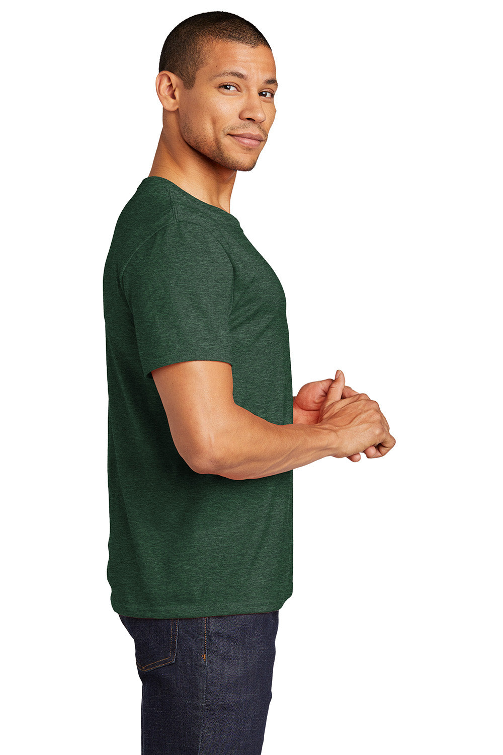 Jerzees 560MR/560M Mens Premium Blend Moisture Wicking Short Sleeve Crewneck T-Shirt Heather Forest Green Model Side