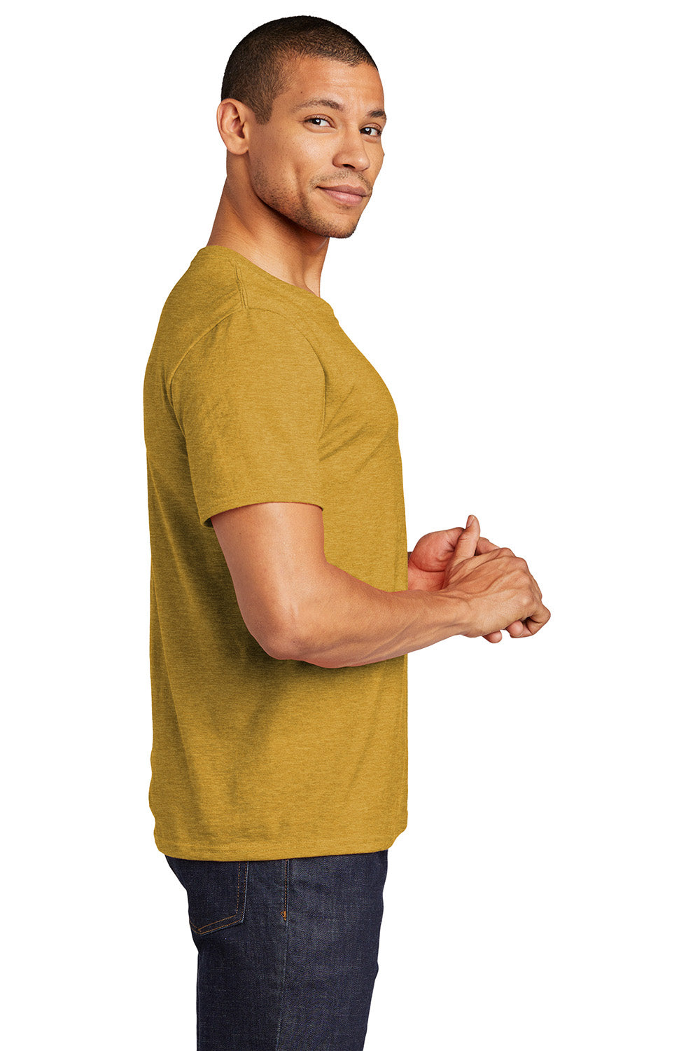 Jerzees 560MR/560M Mens Premium Blend Moisture Wicking Short Sleeve Crewneck T-Shirt Heather Mustard Yellow Model Side