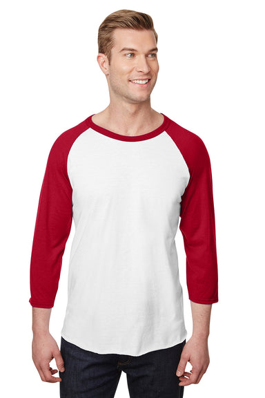 Jerzees 560RR Mens Premium Blend Baseball Moisture Wicking 3/4 Sleeve Crewneck T-Shirt White/True Red Model Front